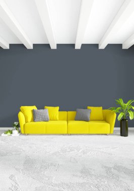 Beyaz yatak odası en az stil iç tasarım ahşap duvar ve gri Kanepeli. 3D render. 3D çizim