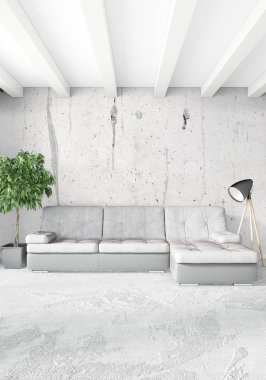 Beyaz yatak odası en az stil iç tasarım ahşap duvar ve gri Kanepeli. 3D render. 3D çizim