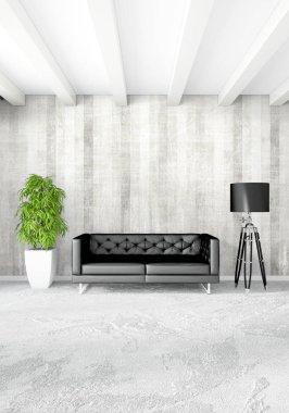 Beyaz yatak odası en az stil iç tasarım ahşap duvar ve gri Kanepeli. 3D render. 3D çizim