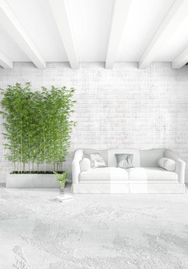 Beyaz yatak odası en az stil iç tasarım ahşap duvar ve gri Kanepeli. 3D render. 3D çizim