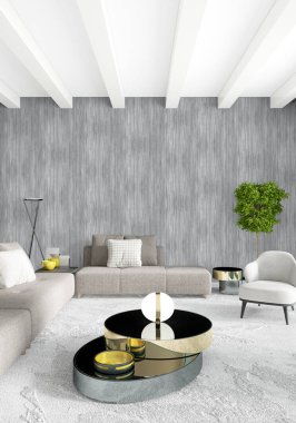 Beyaz yatak odası en az stil iç tasarım ahşap duvar ve gri Kanepeli. 3D render. 3D çizim