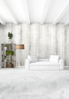 Beyaz yatak odası en az stil iç tasarım ahşap duvar ve gri Kanepeli. 3D render. 3D çizim
