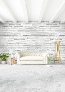 Beyaz yatak odası en az stil iç tasarım ahşap duvar ve gri Kanepeli. 3D render. 3D çizim