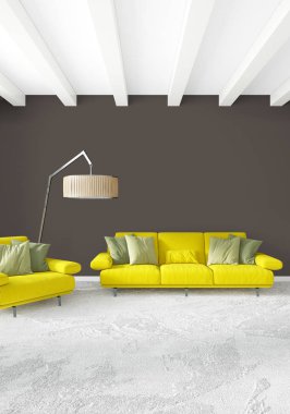 Beyaz yatak odası en az stil iç tasarım ahşap duvar ve gri Kanepeli. 3D render. 3D çizim