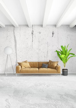 Beyaz yatak odası en az stil iç tasarım ahşap duvar ve gri Kanepeli. 3D render. 3D çizim