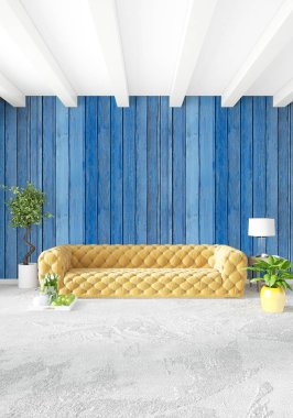 Beyaz yatak odası en az stil iç tasarım ahşap duvar ve gri Kanepeli. 3D render. 3D çizim