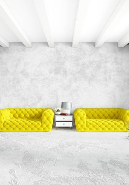 Beyaz yatak odası en az stil iç tasarım ahşap duvar ve gri Kanepeli. 3D render. 3D çizim