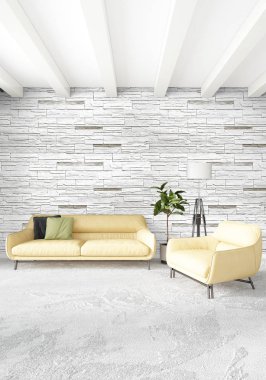 Beyaz yatak odası en az stil iç tasarım ahşap duvar ve gri Kanepeli. 3D render. 3D çizim