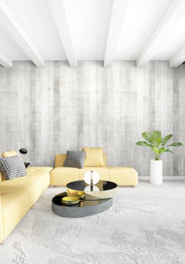 Beyaz yatak odası en az stil iç tasarım ahşap duvar ve gri Kanepeli. 3D render. 3D çizim