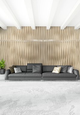 Beyaz yatak odası en az stil iç tasarım ahşap duvar ve gri Kanepeli. 3D render. 3D çizim