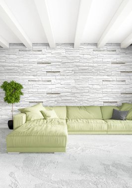 Beyaz yatak odası en az stil iç tasarım ahşap duvar ve gri Kanepeli. 3D render. 3D çizim