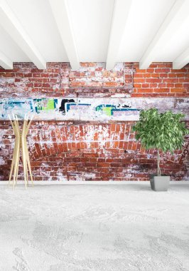 Beyaz yatak odası en az stil iç tasarım ahşap duvar ve gri Kanepeli. 3D render. 3D çizim