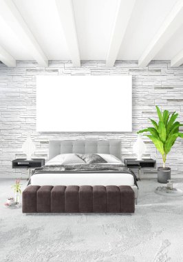 Beyaz yatak odası en az stil iç tasarım ahşap duvar ve gri Kanepeli. 3D render. 3D çizim