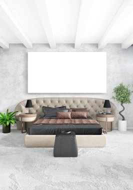 Beyaz yatak odası en az stil iç tasarım ahşap duvar ve gri Kanepeli. 3D render. 3D çizim