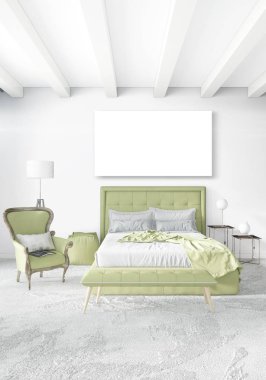 Beyaz yatak odası en az stil iç tasarım ahşap duvar ve gri Kanepeli. 3D render. 3D çizim