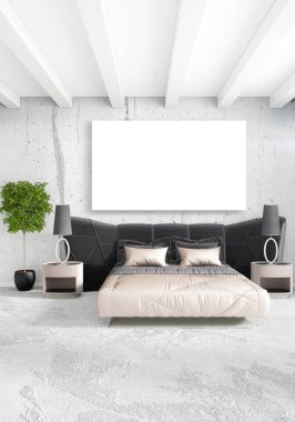 Beyaz yatak odası en az stil iç tasarım ahşap duvar ve gri Kanepeli. 3D render. 3D çizim