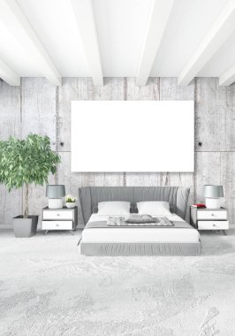 Beyaz yatak odası en az stil iç tasarım ahşap duvar ve gri Kanepeli. 3D render. 3D çizim