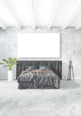 Beyaz yatak odası en az stil iç tasarım ahşap duvar ve gri Kanepeli. 3D render. 3D çizim