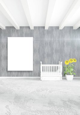 Beyaz yatak odası en az stil iç tasarım ahşap duvar ve gri Kanepeli. 3D render. 3D çizim