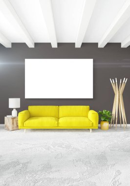 Beyaz yatak odası en az stil iç tasarım ahşap duvar ve gri Kanepeli. 3D render. 3D çizim