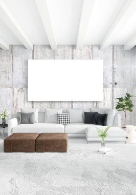 Beyaz yatak odası en az stil iç tasarım ahşap duvar ve gri Kanepeli. 3D render. 3D çizim