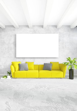 Beyaz yatak odası en az stil iç tasarım ahşap duvar ve gri Kanepeli. 3D render. 3D çizim