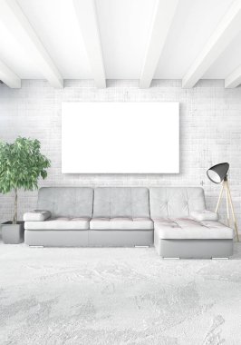 Beyaz yatak odası en az stil iç tasarım ahşap duvar ve gri Kanepeli. 3D render. 3D çizim