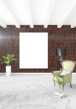 Beyaz yatak odası en az stil iç tasarım ahşap duvar ve gri Kanepeli. 3D render. 3D çizim