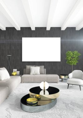 Beyaz yatak odası en az stil iç tasarım ahşap duvar ve gri Kanepeli. 3D render. 3D çizim