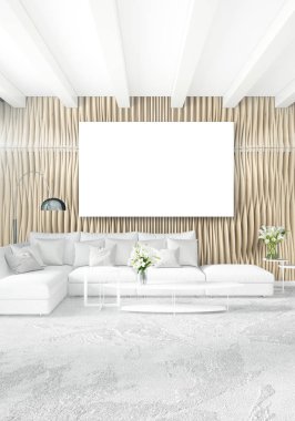 Beyaz yatak odası en az stil iç tasarım ahşap duvar ve gri Kanepeli. 3D render. 3D çizim