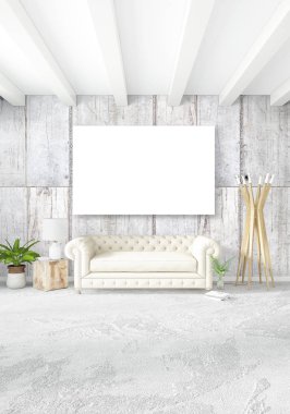 Beyaz yatak odası en az stil iç tasarım ahşap duvar ve gri Kanepeli. 3D render. 3D çizim