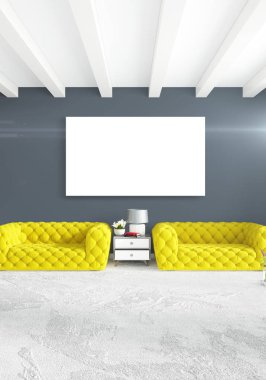 Beyaz yatak odası en az stil iç tasarım ahşap duvar ve gri Kanepeli. 3D render. 3D çizim