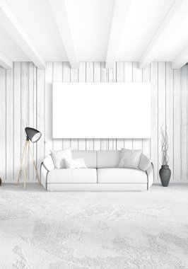 Beyaz yatak odası en az stil iç tasarım ahşap duvar ve gri Kanepeli. 3D render. 3D çizim