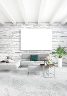 Beyaz yatak odası en az stil iç tasarım ahşap duvar ve gri Kanepeli. 3D render. 3D çizim