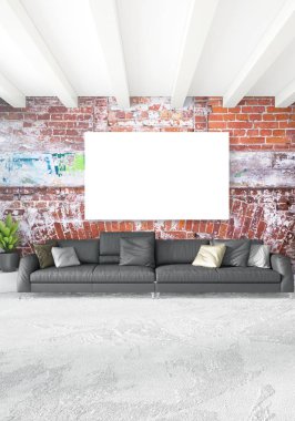 Beyaz yatak odası en az stil iç tasarım ahşap duvar ve gri Kanepeli. 3D render. 3D çizim