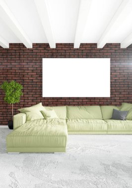 Beyaz yatak odası en az stil iç tasarım ahşap duvar ve gri Kanepeli. 3D render. 3D çizim