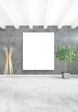 Beyaz yatak odası en az stil iç tasarım ahşap duvar ve gri Kanepeli. 3D render. 3D çizim