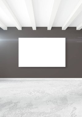 Beyaz yatak odası en az stil iç tasarım ahşap duvar ve gri Kanepeli. 3D render. 3D çizim