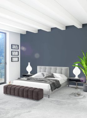 Beyaz yatak odası en az stil iç tasarım ahşap duvar ve gri Kanepeli. 3D render. 3D çizim
