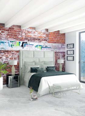 Beyaz yatak odası en az stil iç tasarım ahşap duvar ve gri Kanepeli. 3D render. 3D çizim