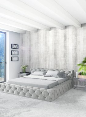 Beyaz yatak odası en az stil iç tasarım ahşap duvar ve gri Kanepeli. 3D render. 3D çizim