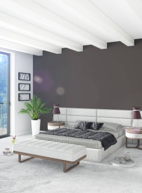 Beyaz yatak odası en az stil iç tasarım ahşap duvar ve gri Kanepeli. 3D render. 3D çizim