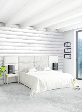 Beyaz yatak odası en az stil iç tasarım ahşap duvar ve gri Kanepeli. 3D render. 3D çizim