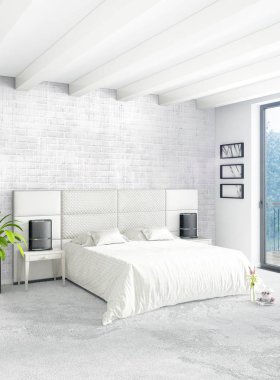 Beyaz yatak odası en az stil iç tasarım ahşap duvar ve gri Kanepeli. 3D render. 3D çizim