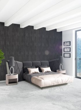Beyaz yatak odası en az stil iç tasarım ahşap duvar ve gri Kanepeli. 3D render. 3D çizim