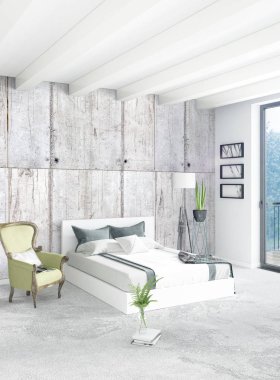 Beyaz yatak odası en az stil iç tasarım ahşap duvar ve gri Kanepeli. 3D render. 3D çizim
