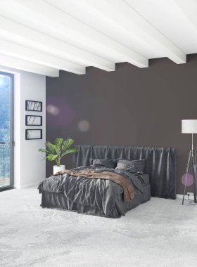 Beyaz yatak odası en az stil iç tasarım ahşap duvar ve gri Kanepeli. 3D render. 3D çizim