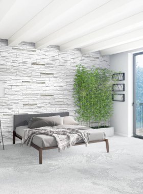 Beyaz yatak odası en az stil iç tasarım ahşap duvar ve gri Kanepeli. 3D render. 3D çizim