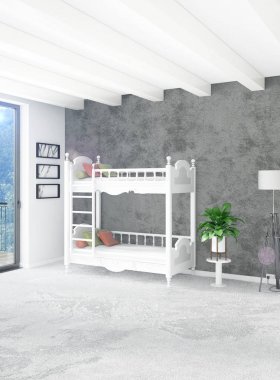 Beyaz yatak odası en az stil iç tasarım ahşap duvar ve gri Kanepeli. 3D render. 3D çizim