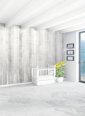 Beyaz yatak odası en az stil iç tasarım ahşap duvar ve gri Kanepeli. 3D render. 3D çizim